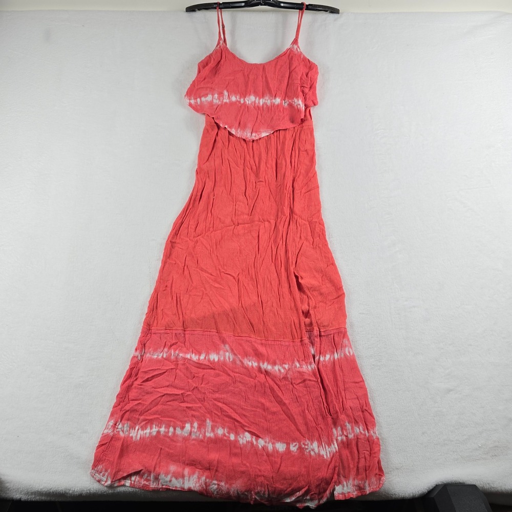 Mudd Womens Juniors Coral Pink Tie Dye Ruffle Maxi Dress Size M Boho Beach Rayon